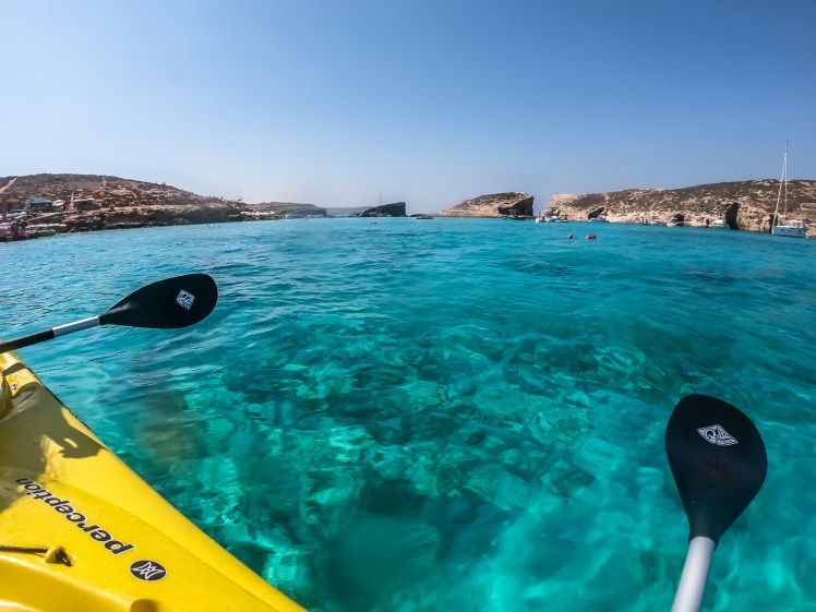 Kayaking in the Blue Lagoon in Comino early before the crowds arrive