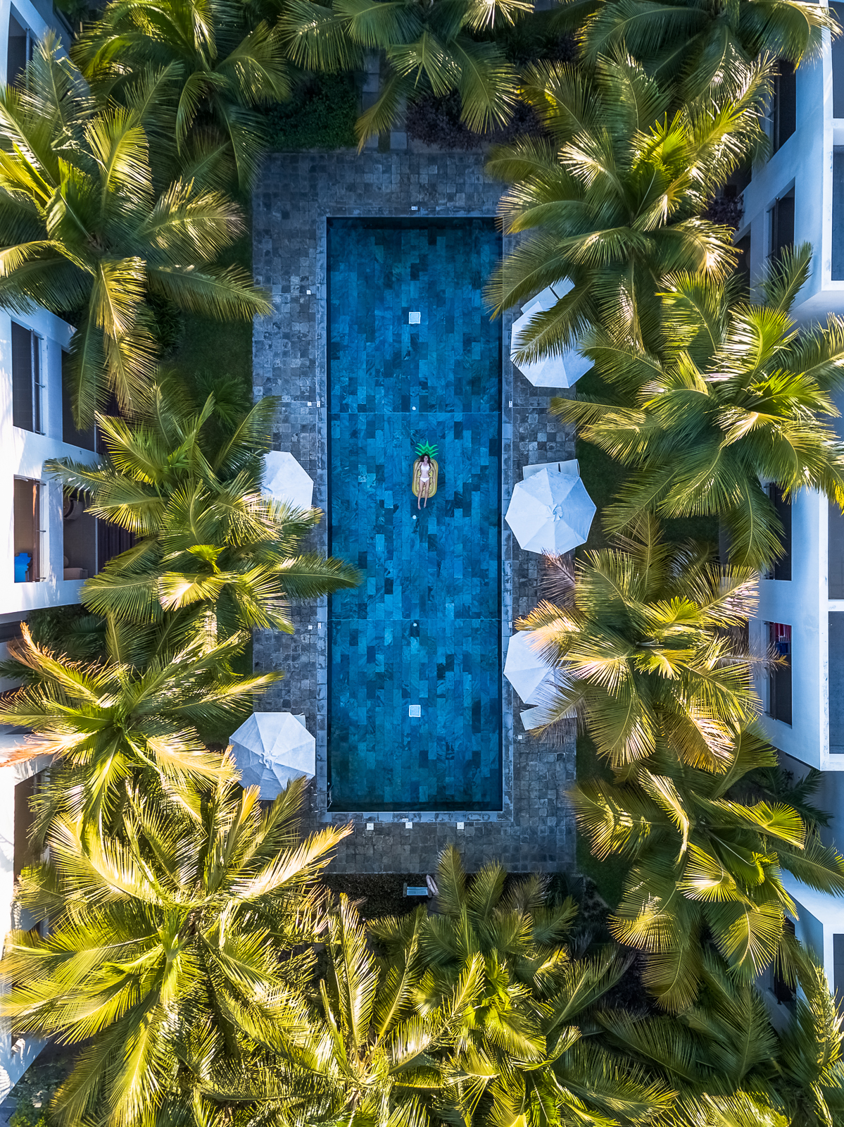 Drone shot of La Residence pool surrounded by palm tree (Horizon Holidays property)
