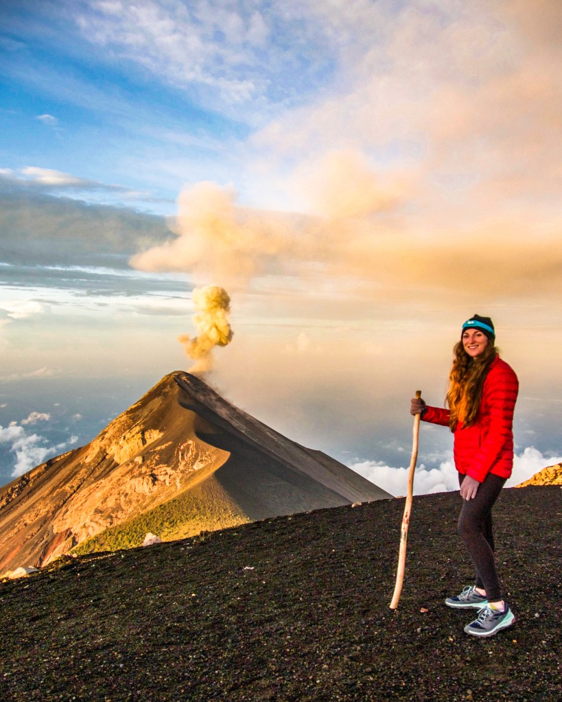Sunrise at Acatenango Volcano with Fuego Volcano erupting