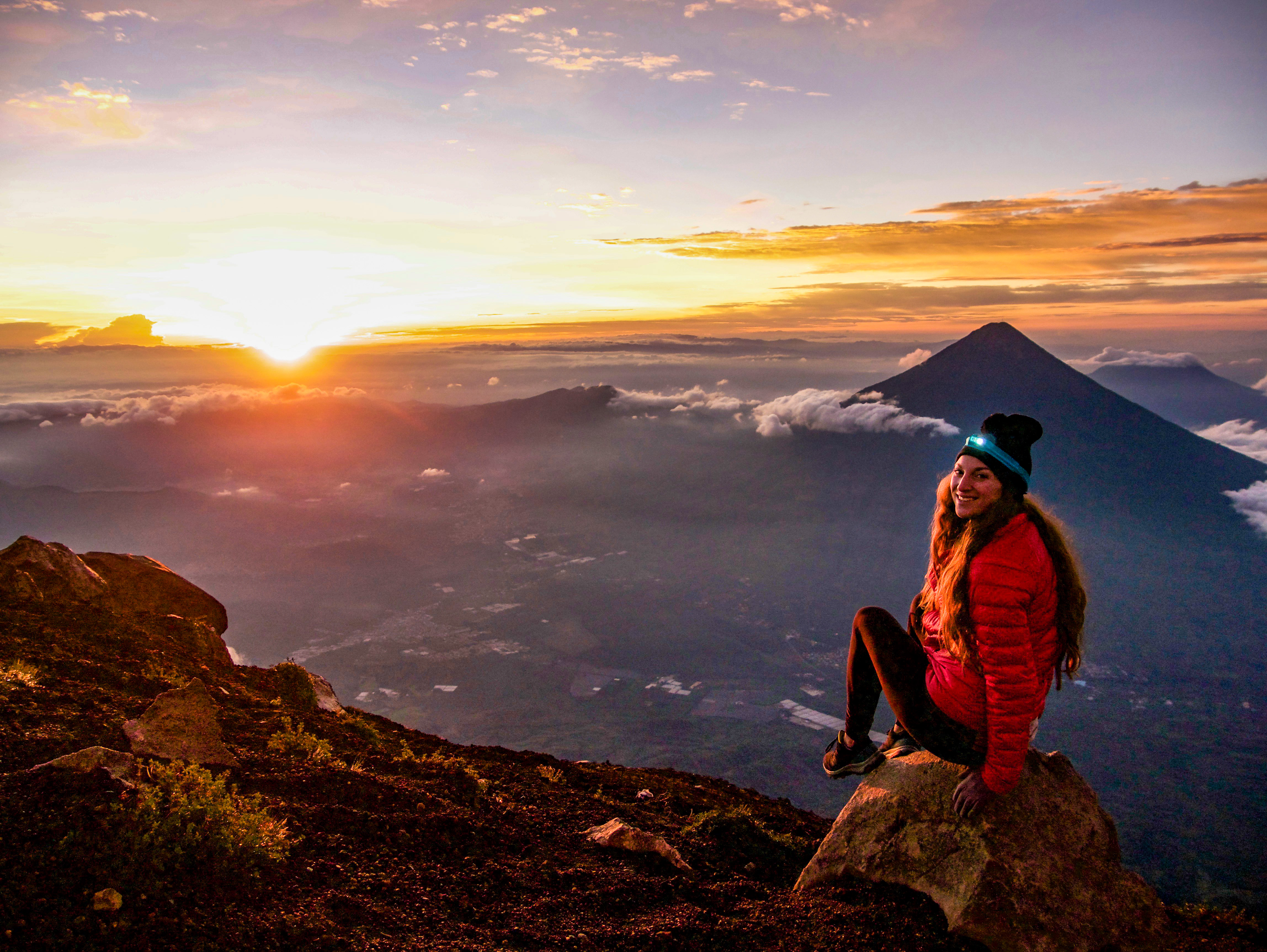 Sunrise Acatenango Volcano overlooking Agua Volcano